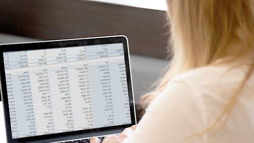 Eine Frau von hinten, die an einem Laptop arbeitet